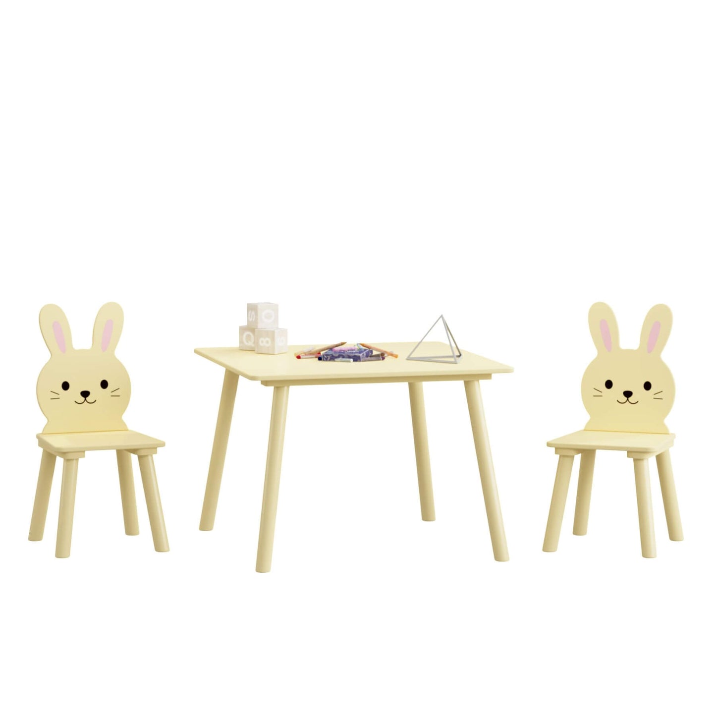 MOONRIVER Kids Table and Chair Set with 2 Bunny Chairs - Cream Yellow on a white background
