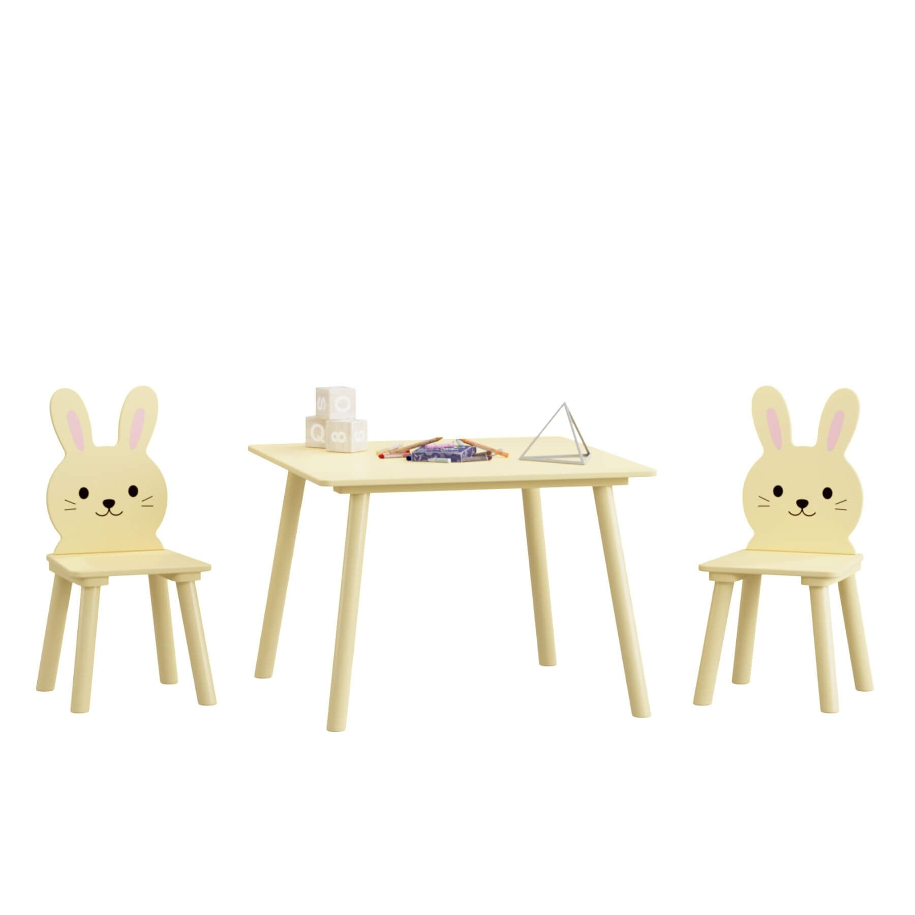 MOONRIVER Kids Table and Chair Set with 2 Bunny Chairs - Cream Yellow on a white background
