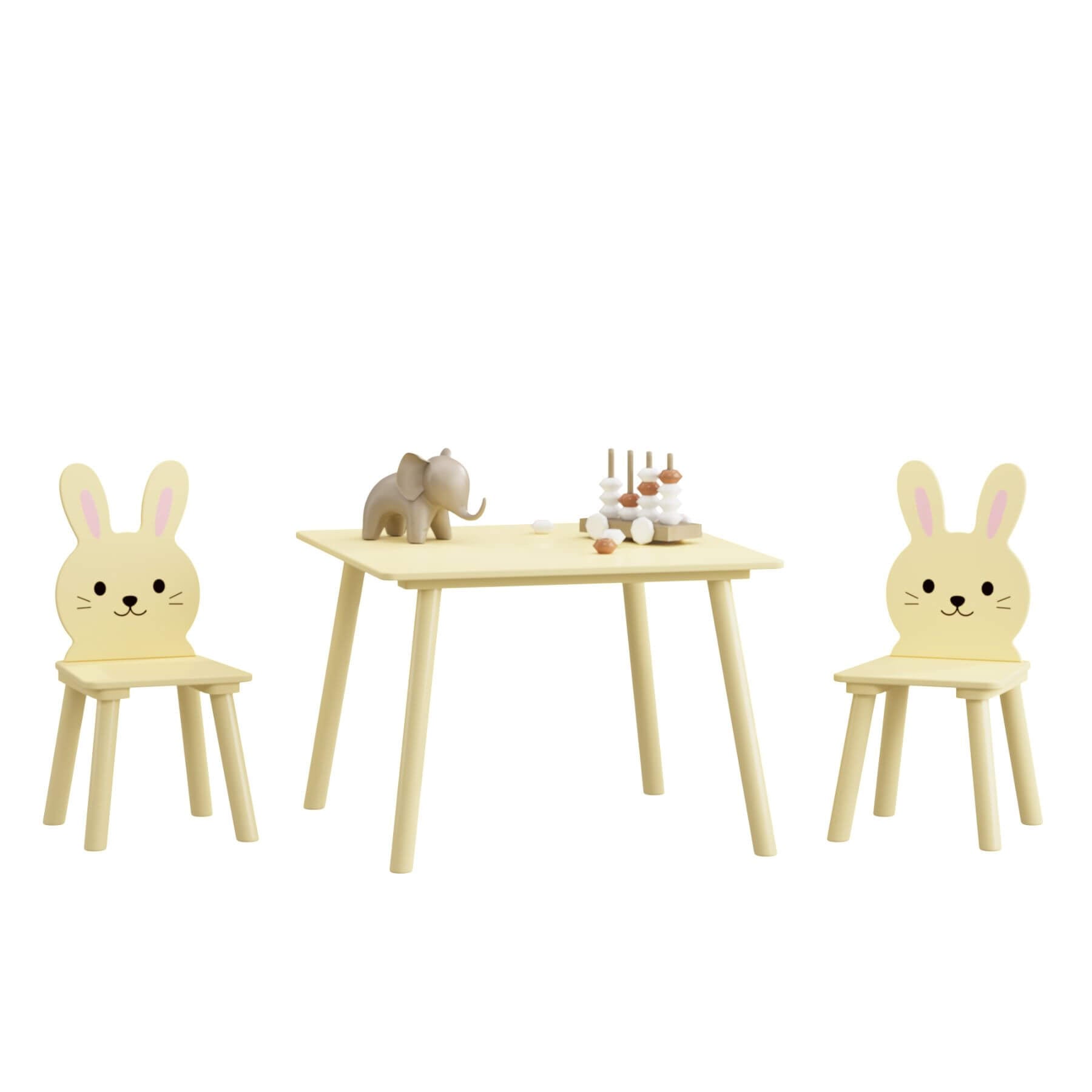 MOONRIVER Kids Table and Chair Set with 2 Bunny Chairs - Cream Yellow on a white background