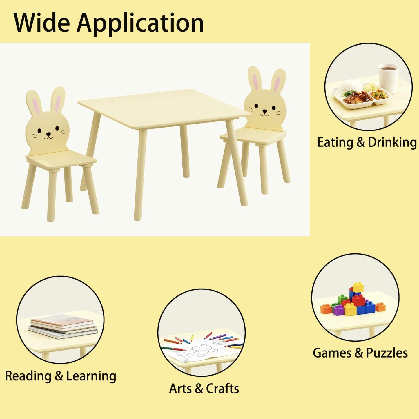 MOONRIVER Kids Table and Chair Set with 2 Bunny Chairs - Cream Yellow on a yellow background, indicating various uses including eating, reading, arts & crafts, and games.