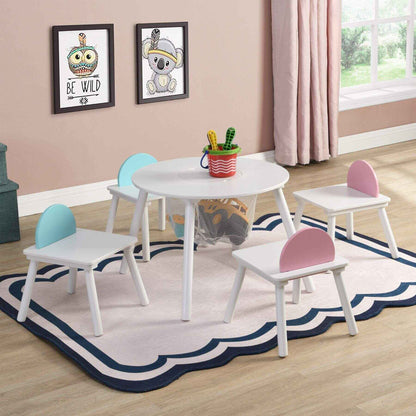 Children's playroom with Civil HN Children's White Panel Table with 4 Chairs Set on a decorative rug.