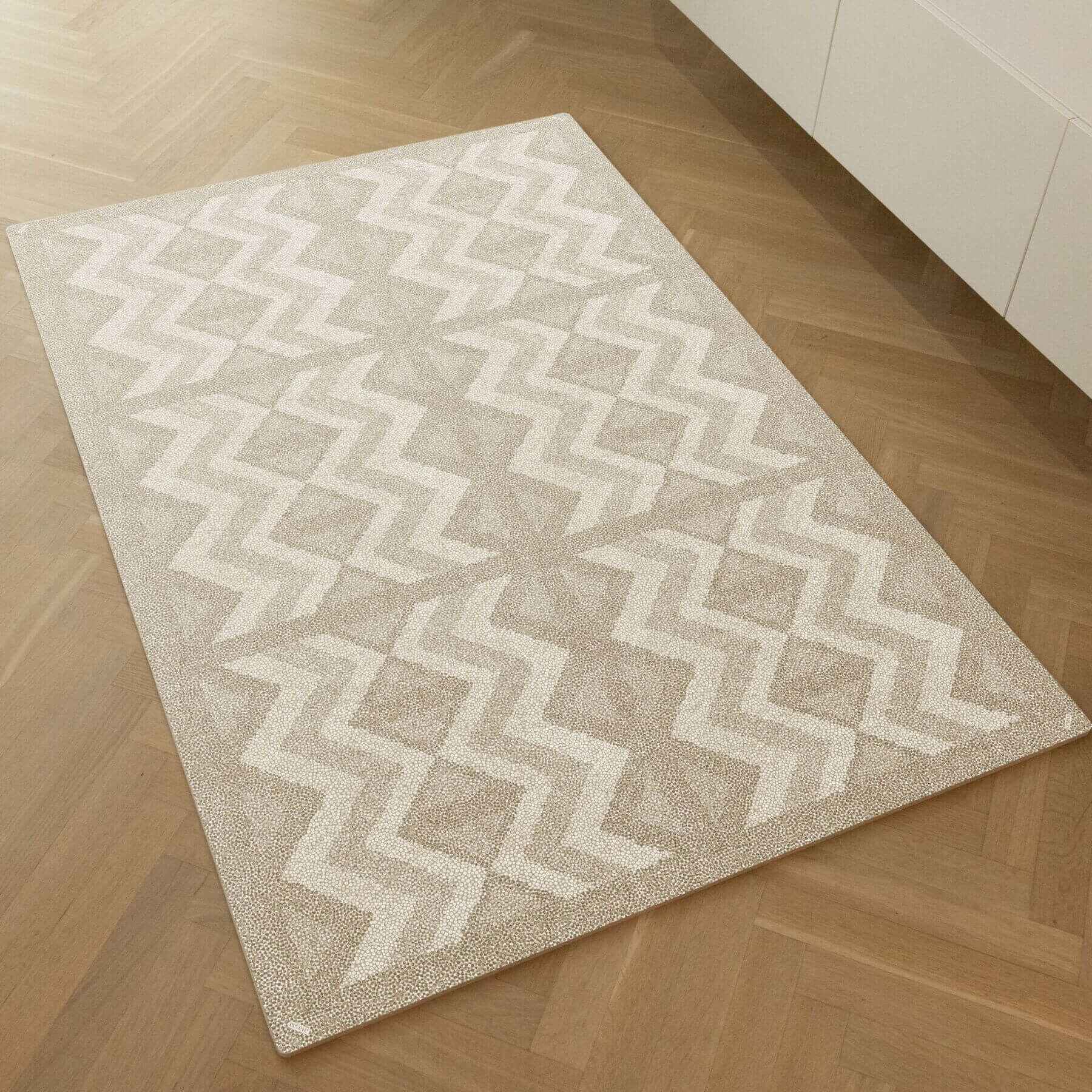 Eeveve Kilim Play Mat - Dark Taupe on a wooden floor