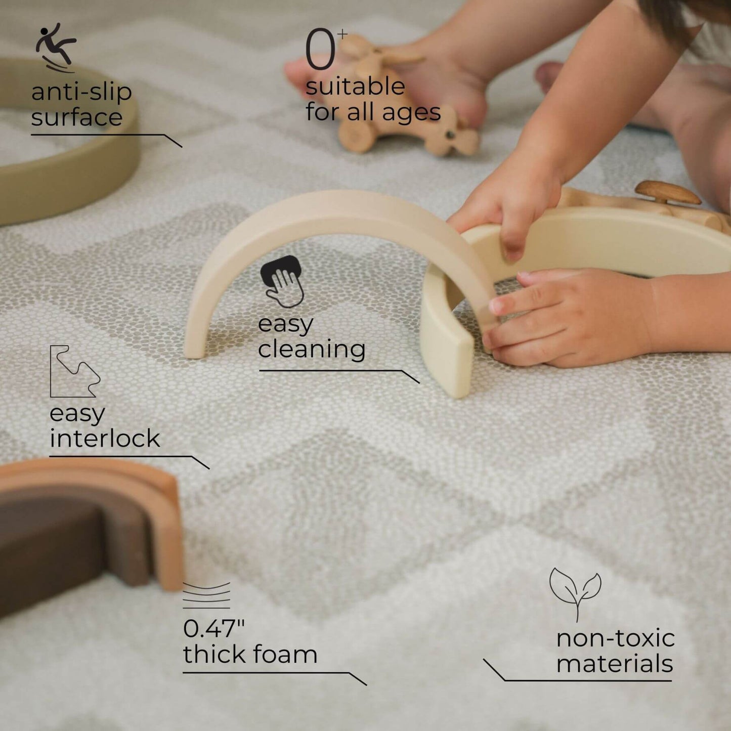 Children playing with wooden toys on a textured surface, highlighting features like anti-slip surface, easy cleaning, and non-toxic materials.