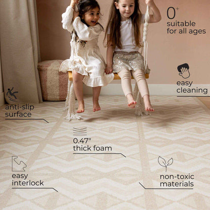 Two children sitting on Eeveve Kilim Play Mat - Soft Beige with product features highlighted.
