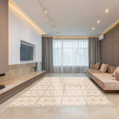 Modern living room with a beige sofa, television, and Eeveve Kilim Play Mat - Soft Beige