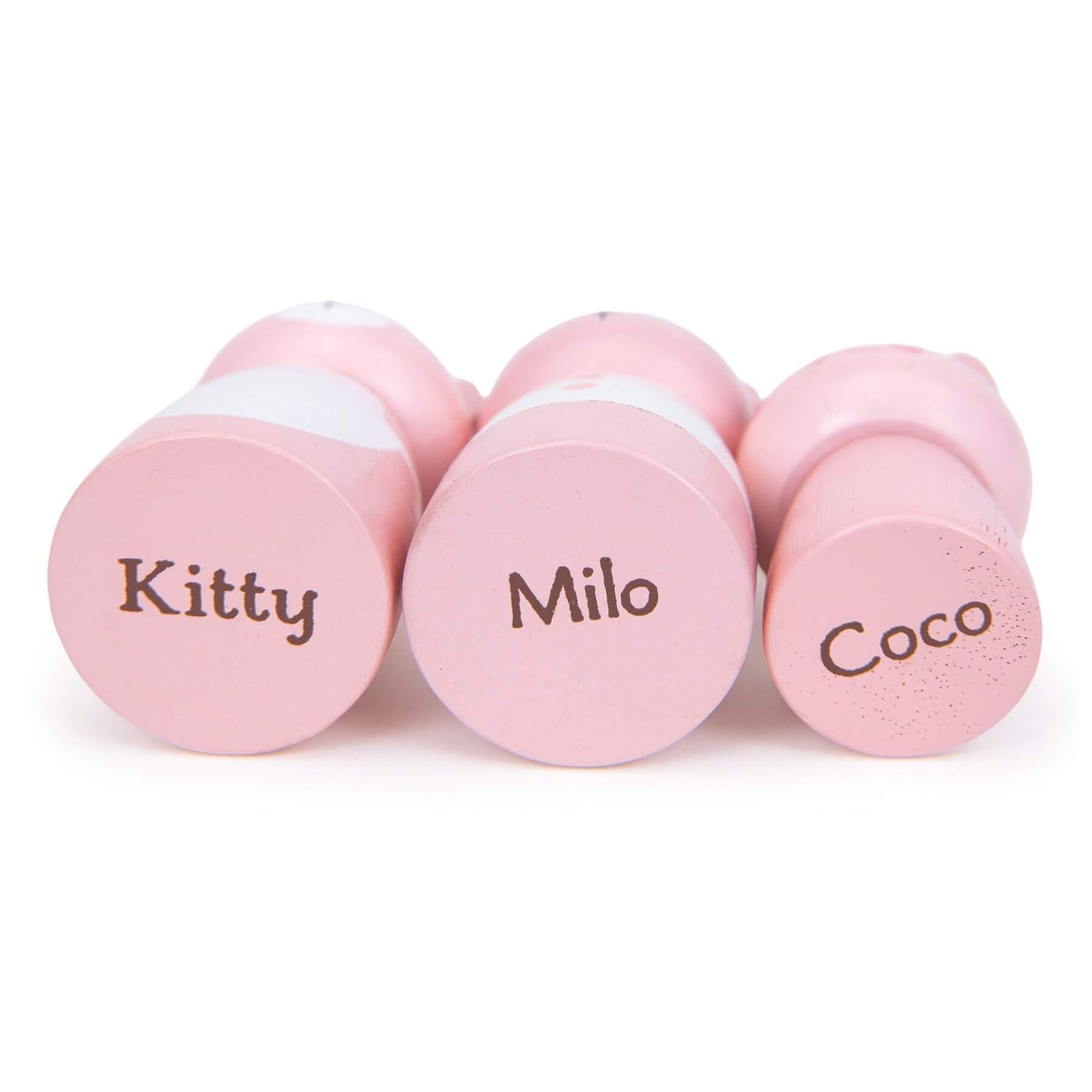 Three pink pet toys labeled 'Kitty', 'Milo', and 'Coco' on a white background