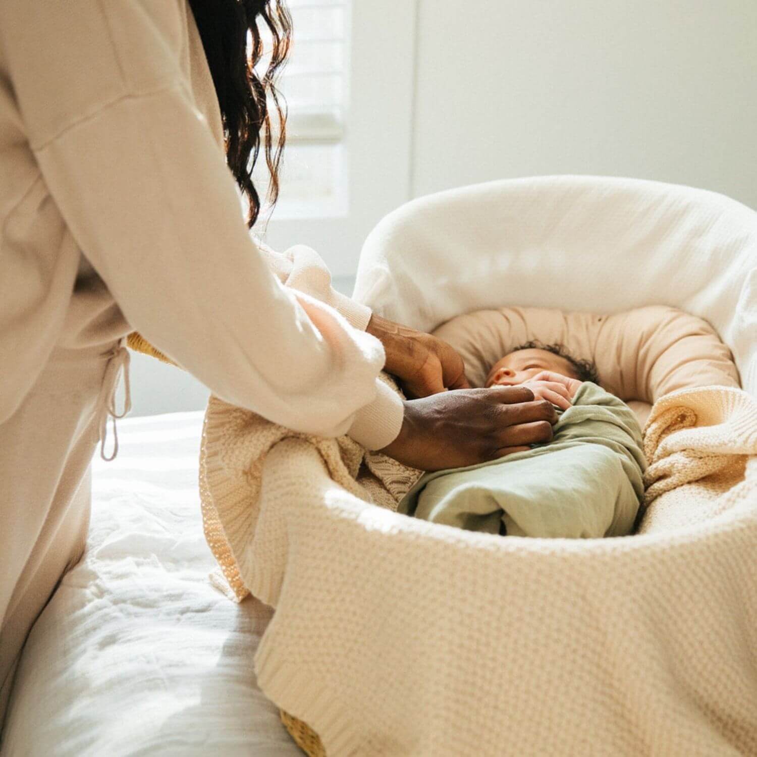 Baby Sleeping on Plum+Sparrow Knitted Blanket Macadamia