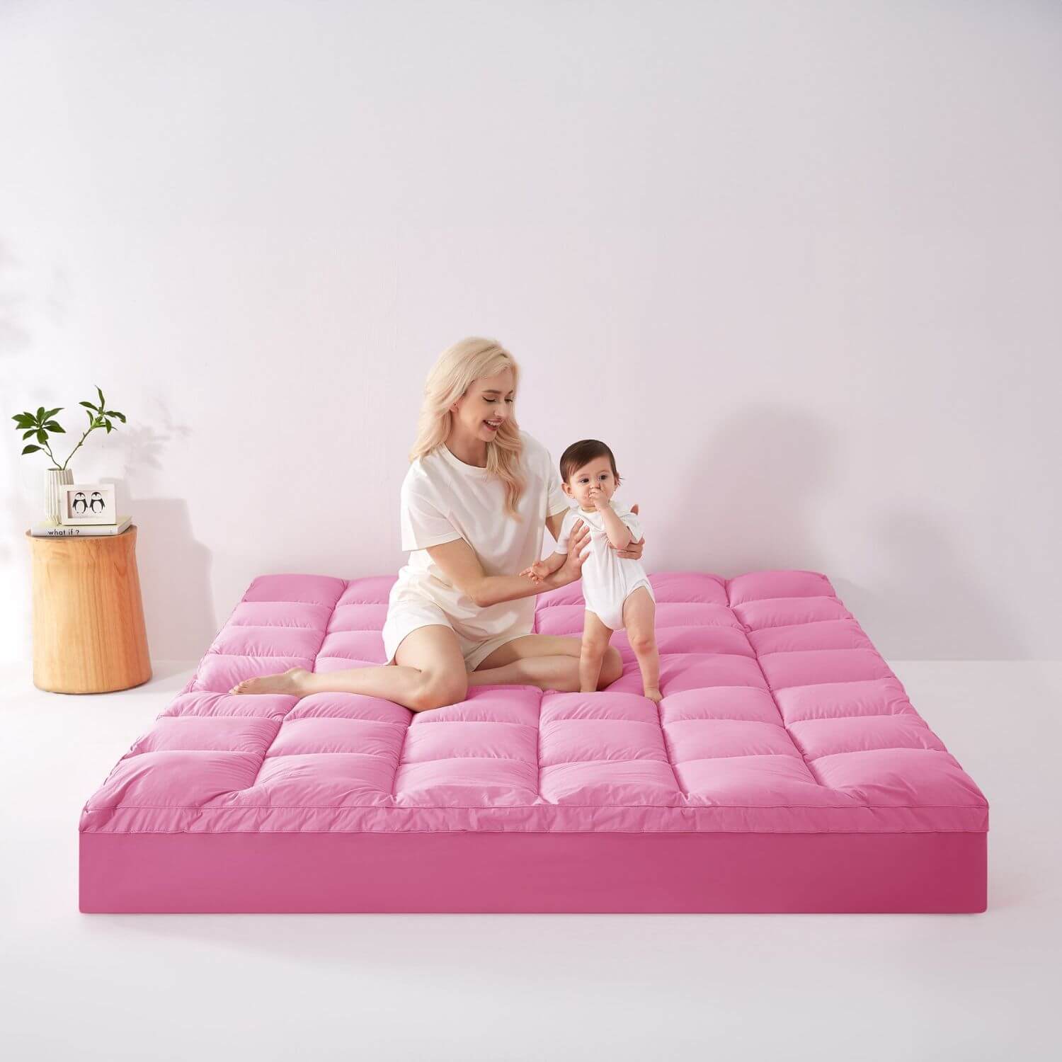 Mom & Baby Sitting on KUB Cooling  Mattress Topper Pink