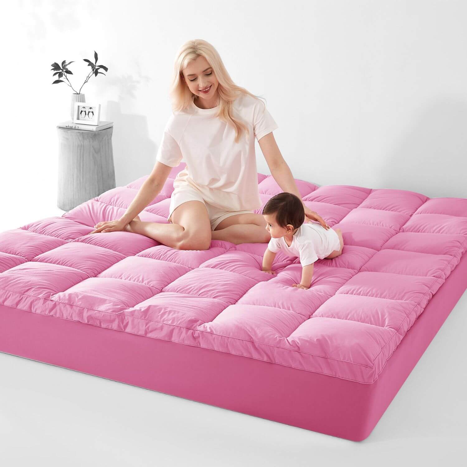 Mom & Baby Sitting on KUB Cooling  Mattress Topper Pink