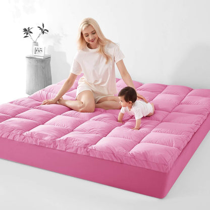 Mom & Baby Sitting on KUB Cooling  Mattress Topper Pink