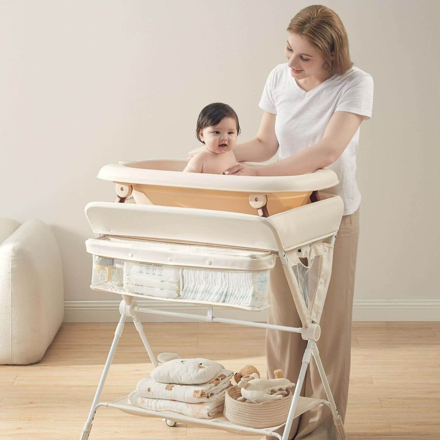 Mom Changing Diaper for Baby on KUB Foldable Changing Table Oat