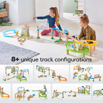 Children playing with HABA USA Kullerbu Mountain Adventure Track Set in a room with '8+ unique track configurations' text.