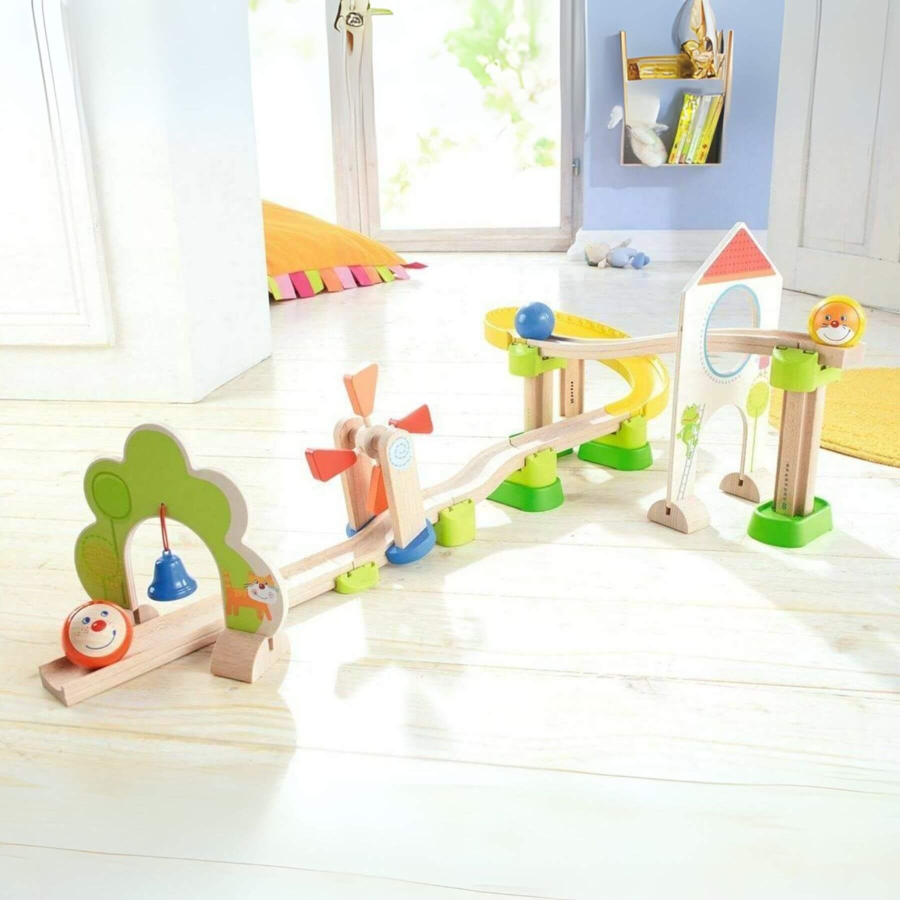 HABA USA Kullerbu Windmill 25 Piece Starter Track Set on a light wooden floor with a bright background