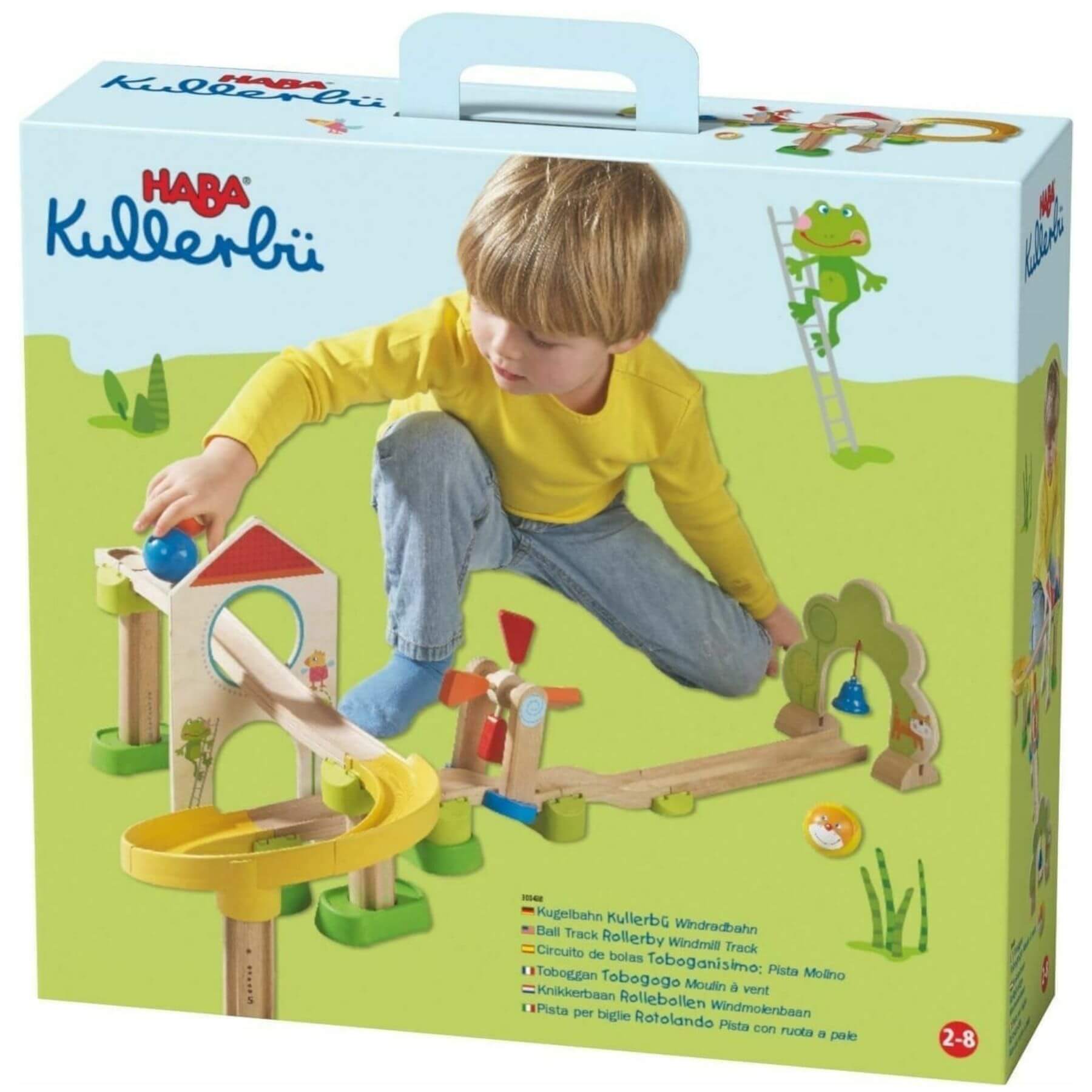 HABA Kullerbu toy packaging with a child playing on a wooden play set
