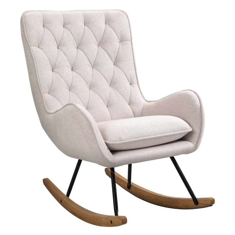 HOMCOM Mid-Century Cream White Nursery Rocker | Tufted Wingback & Rubber Wood Base