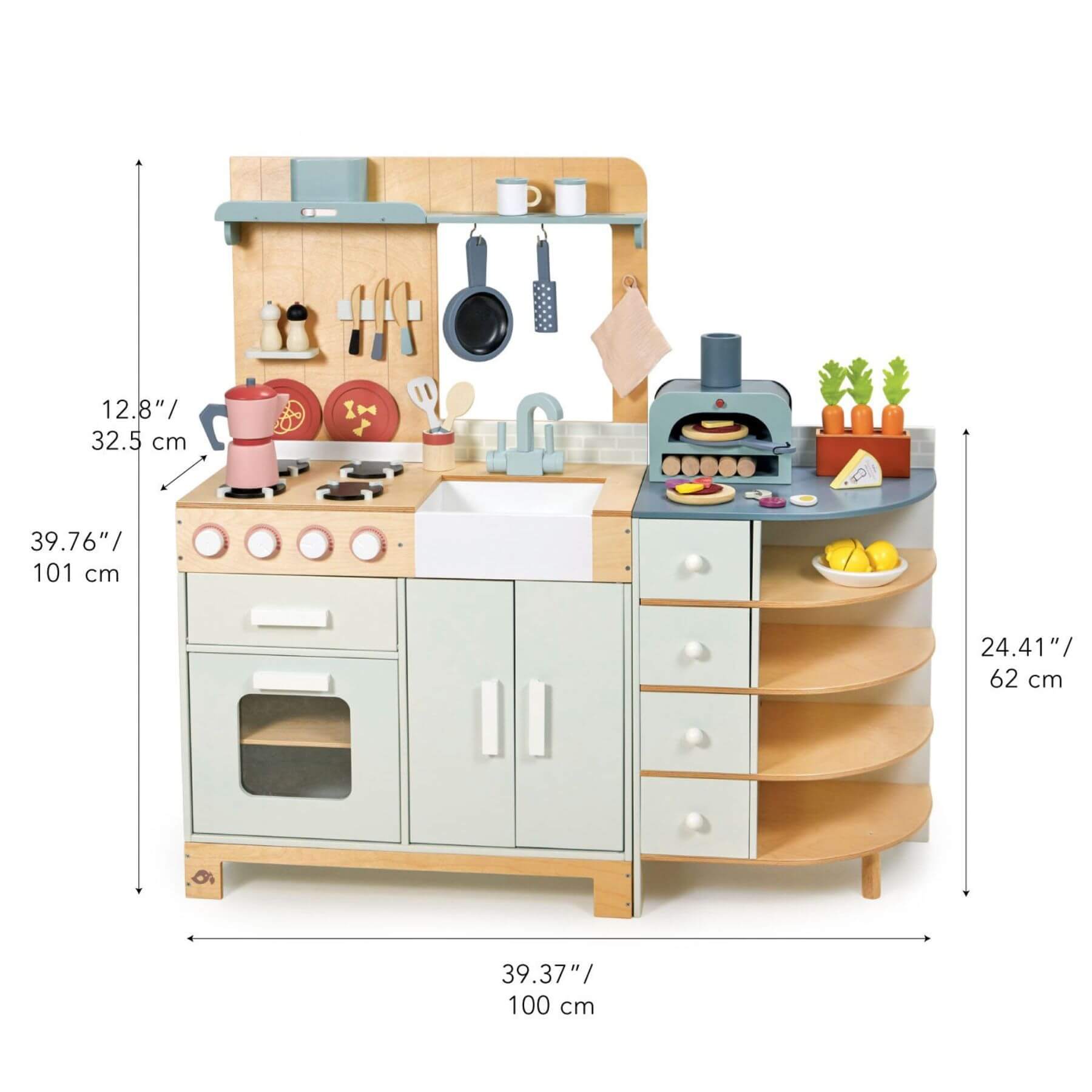 Tender Leaf La Fiamma Grand Kitchen with measurements on a white background