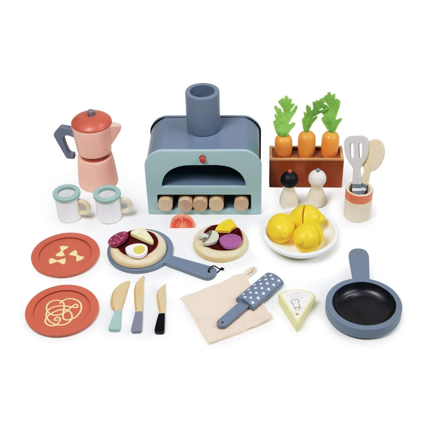 Collection of wooden kitchen toys including a pizza oven, cookware, and food items on a white background.