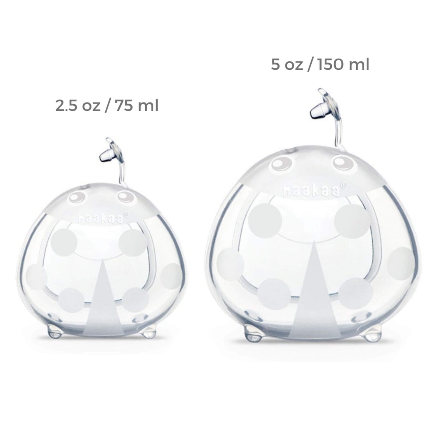 Two Haakaa Ladybug Silicone Milk Collectors with different capacities on a white background