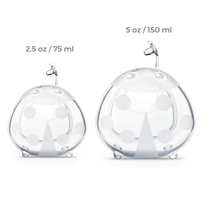 Two Haakaa Ladybug Silicone Milk Collectors with different capacities on a white background