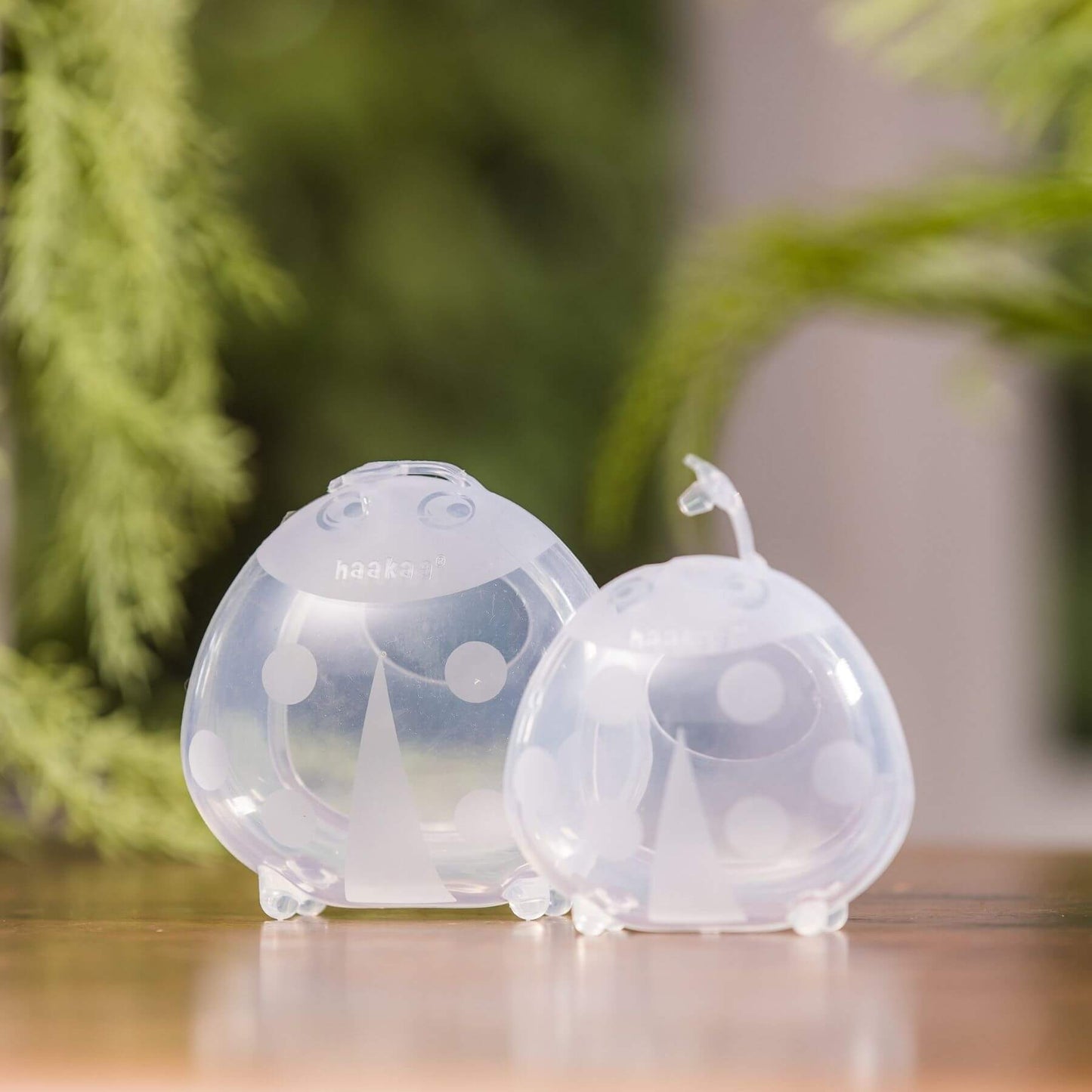 Two Haakaa Ladybug Silicone Milk Collectors on a wooden surface with a blurred green plant background.