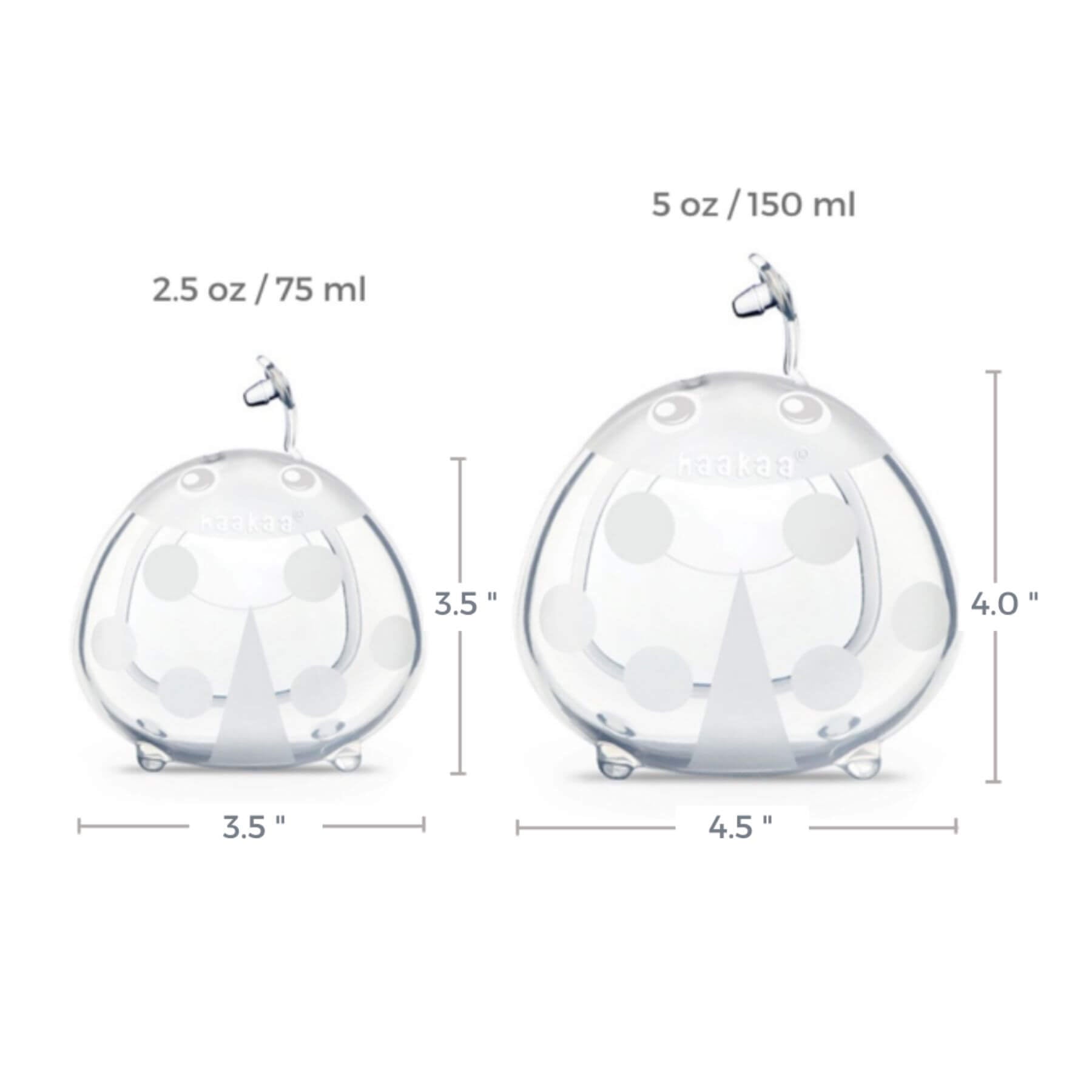 Two Haakaa Ladybug Silicone Milk Collectors with measurements and dimensions on a white background