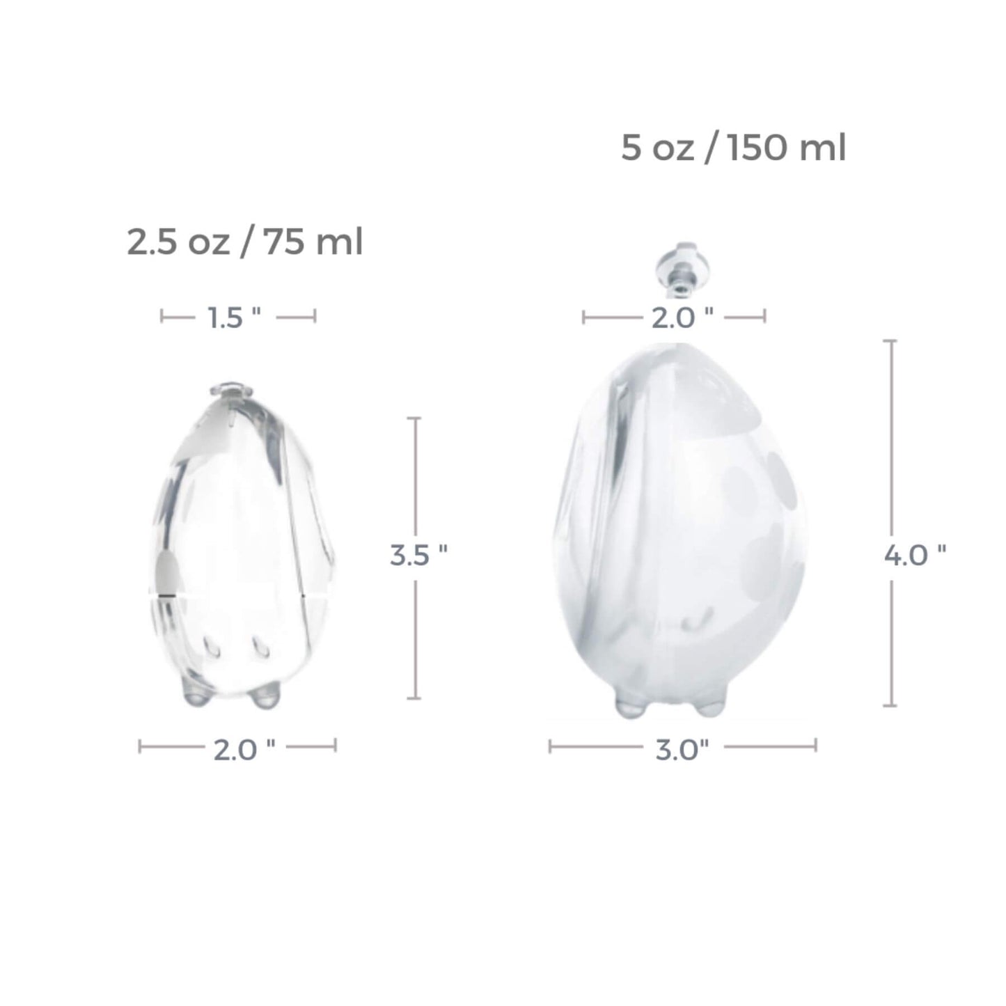 Two Haakaa Ladybug Silicone Milk Collectors with measurements labeled on a white background