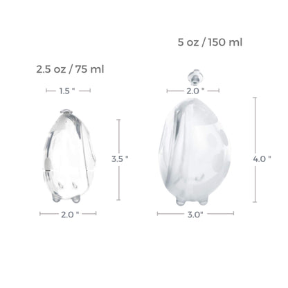 Two Haakaa Ladybug Silicone Milk Collectors with measurements labeled on a white background