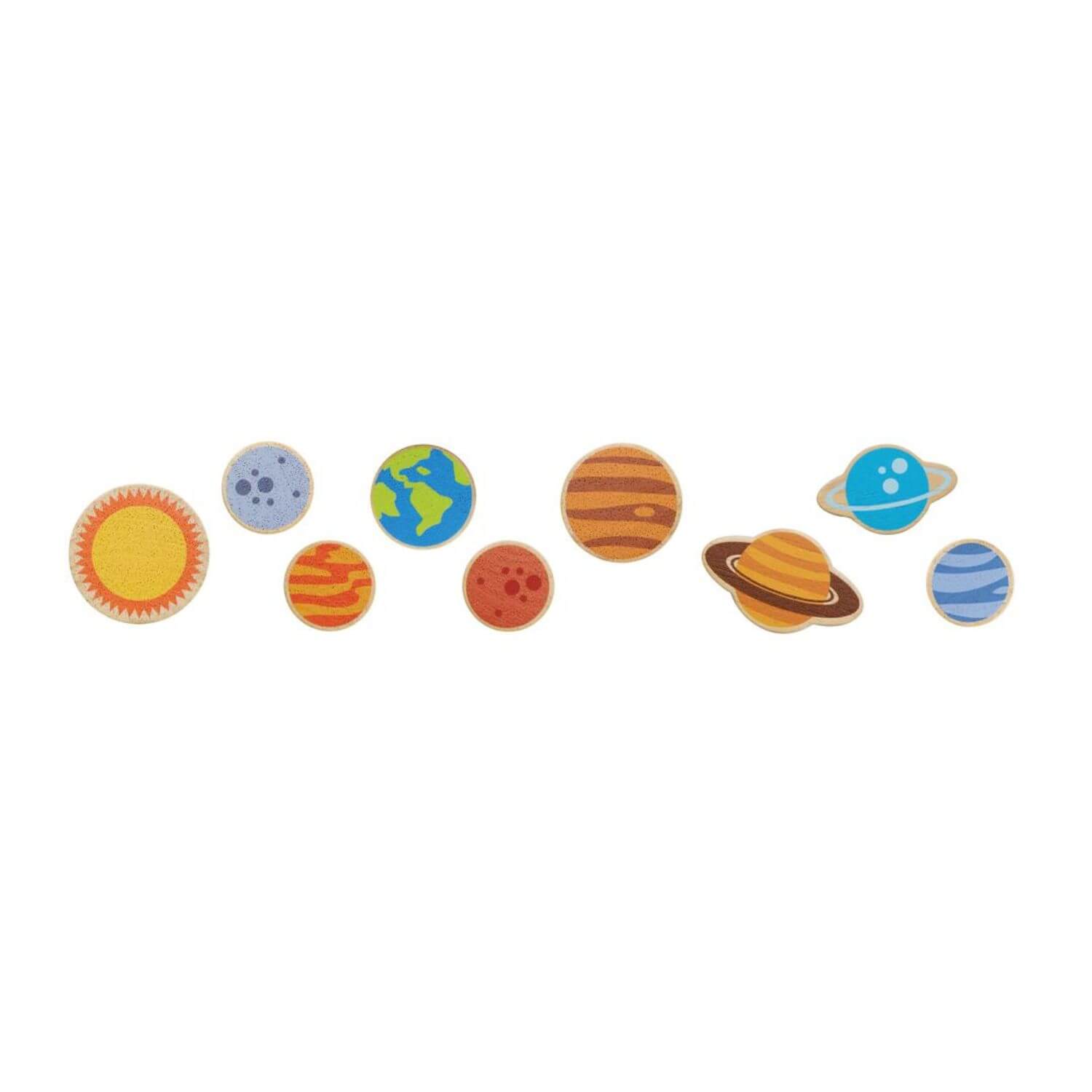 A set of colorful solar system planet and sun enamel pins arranged in a row on a plain white background.
