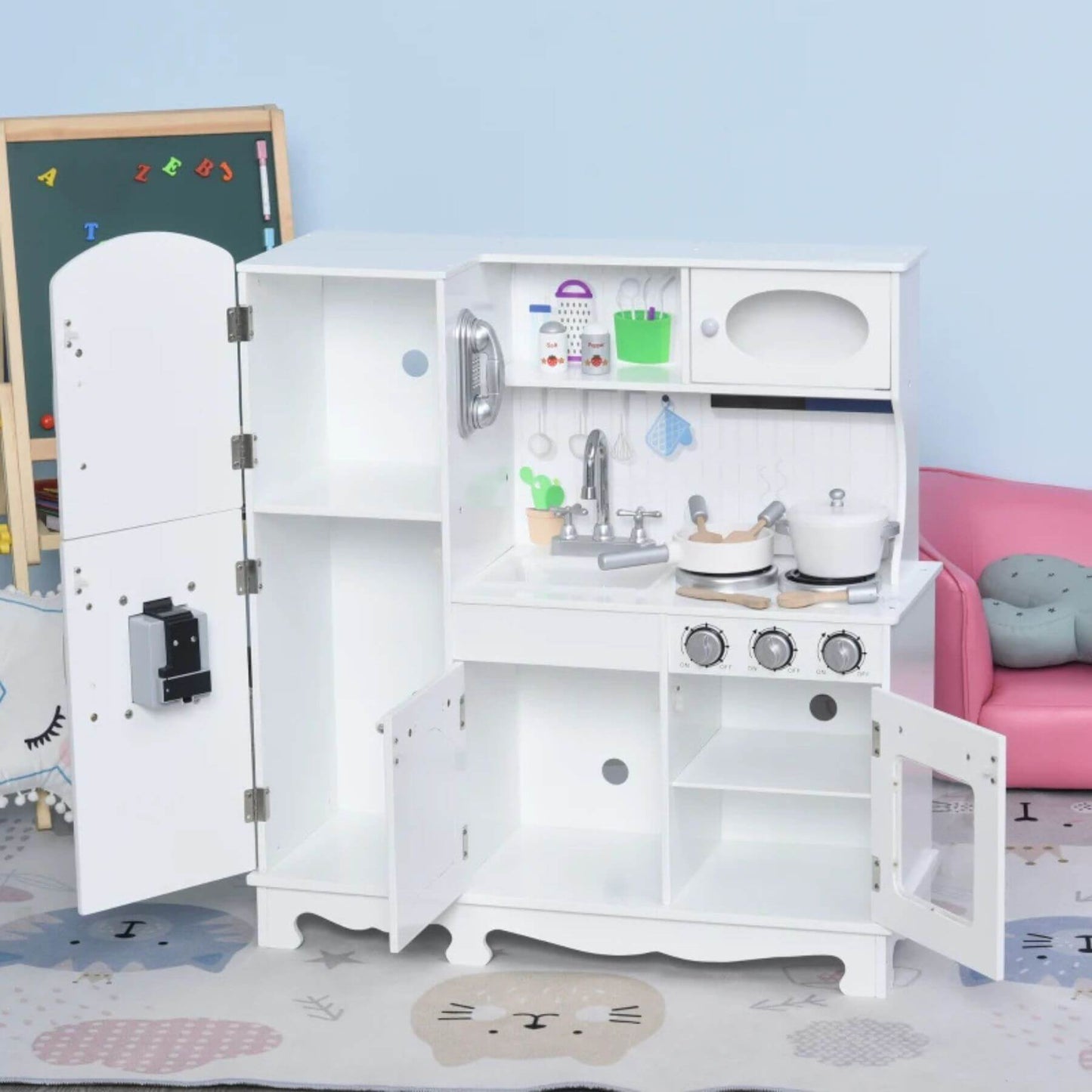 Qaba Large Kids Kitchen Playset White w/ Doors Open