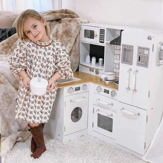 Girl Playing w/ Qaba Large Play Kitchen with Full Set of Appliances White