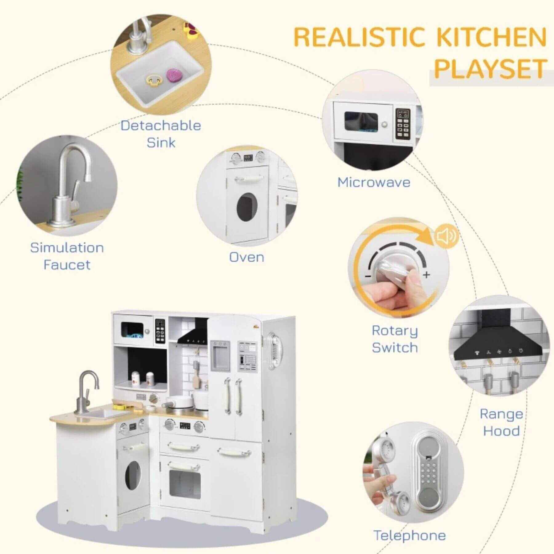 Details of Qaba Large Play Kitchen with Full Set of Appliances White