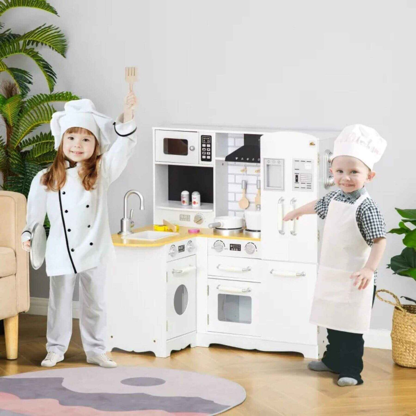 Kids Playing w/ Qaba Large Play Kitchen with Full Set of Appliances White