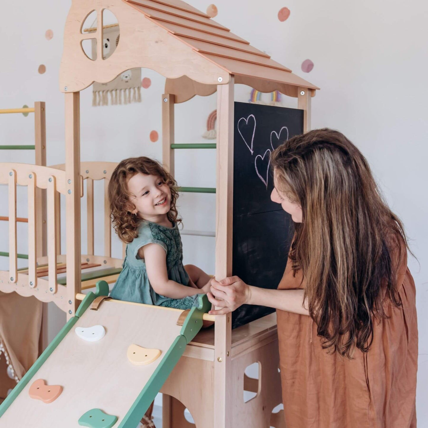Mom & kid playing on Wood and Hearts Large Playground Climber - Morning Light