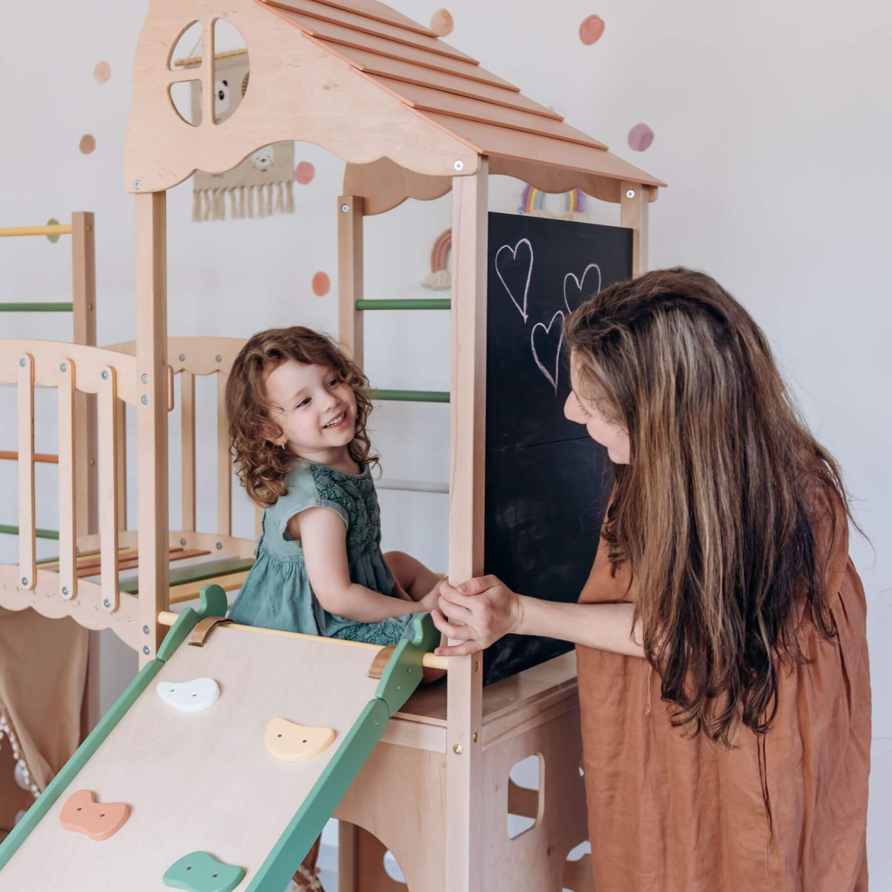Mom & kid playing on Wood and Hearts Large Playground Climber - Morning Light