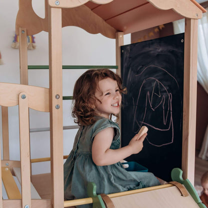 Kid playing on Wood and Hearts Large Playground Climber - Morning Light