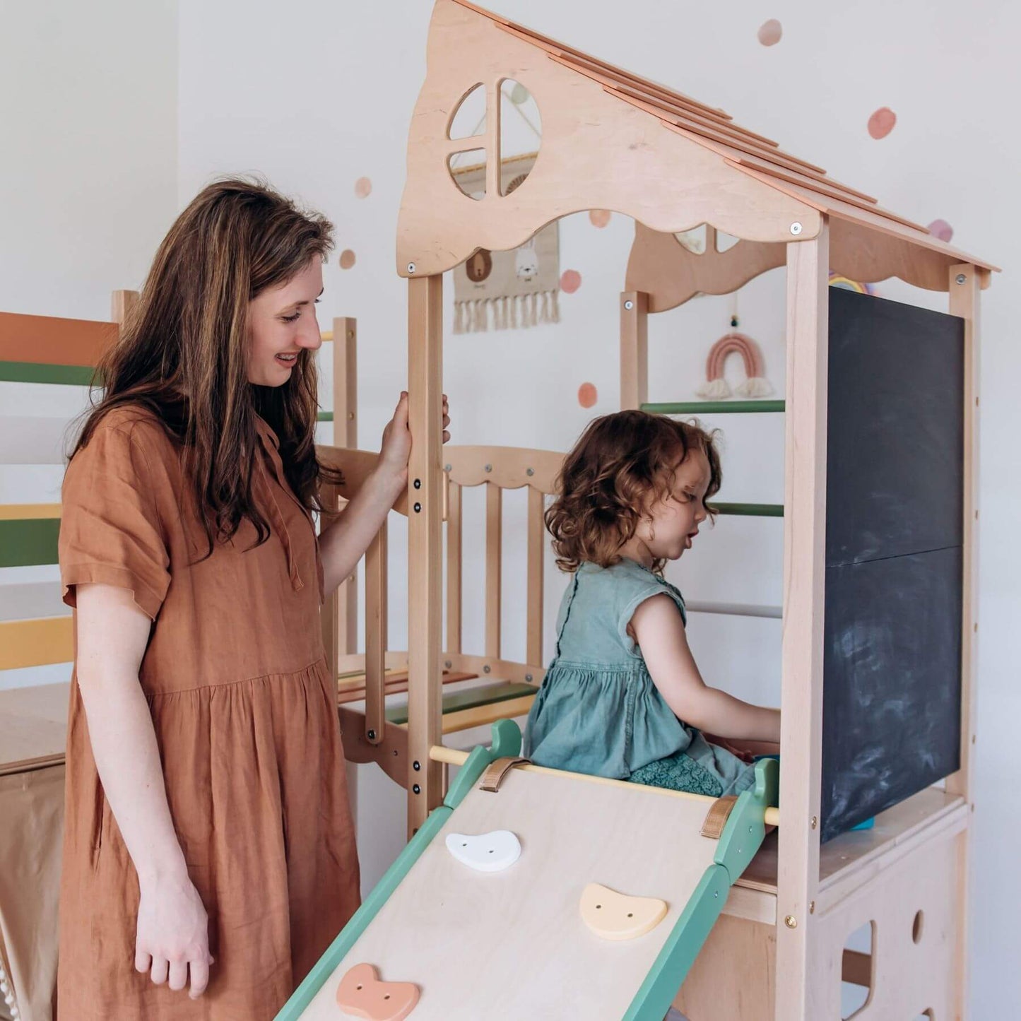 Mom & kid playing on Wood and Hearts Large Playground Climber - Morning Light