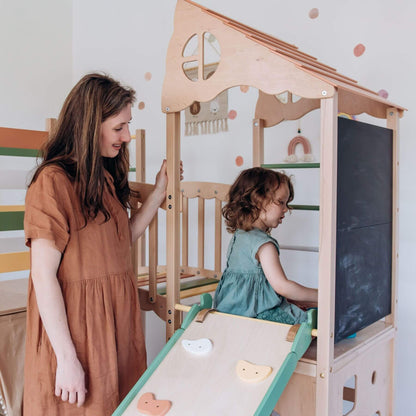 Mom & kid playing on Wood and Hearts Large Playground Climber - Morning Light