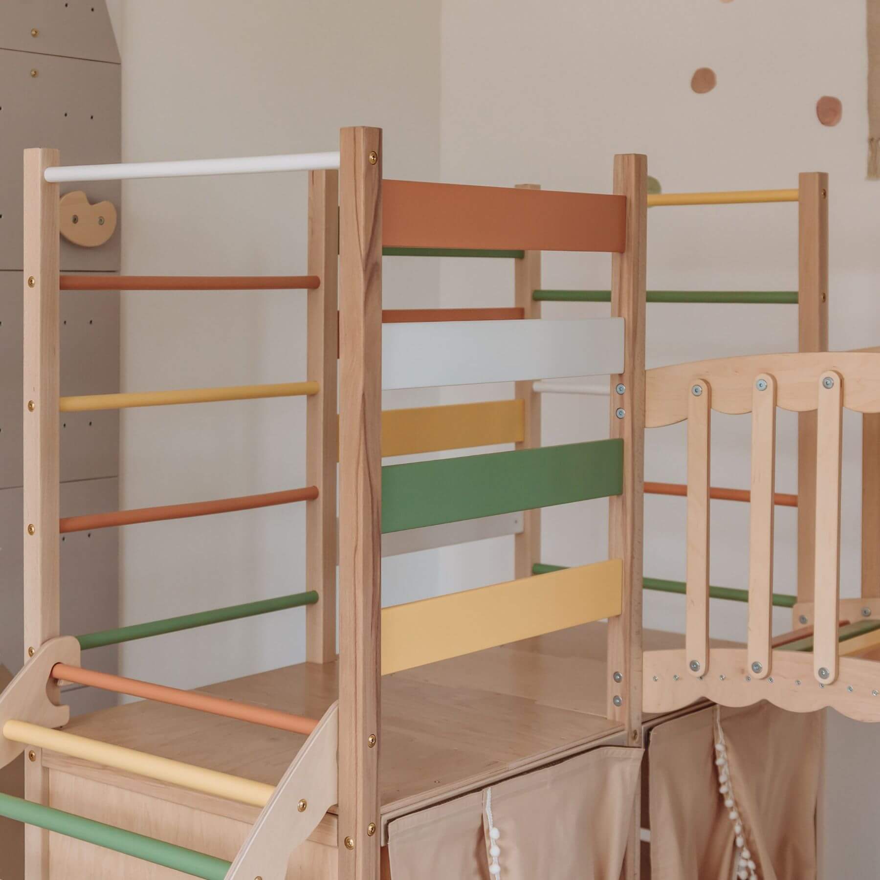 Close-up of Wood and Hearts Large Playground Climber - Morning Light