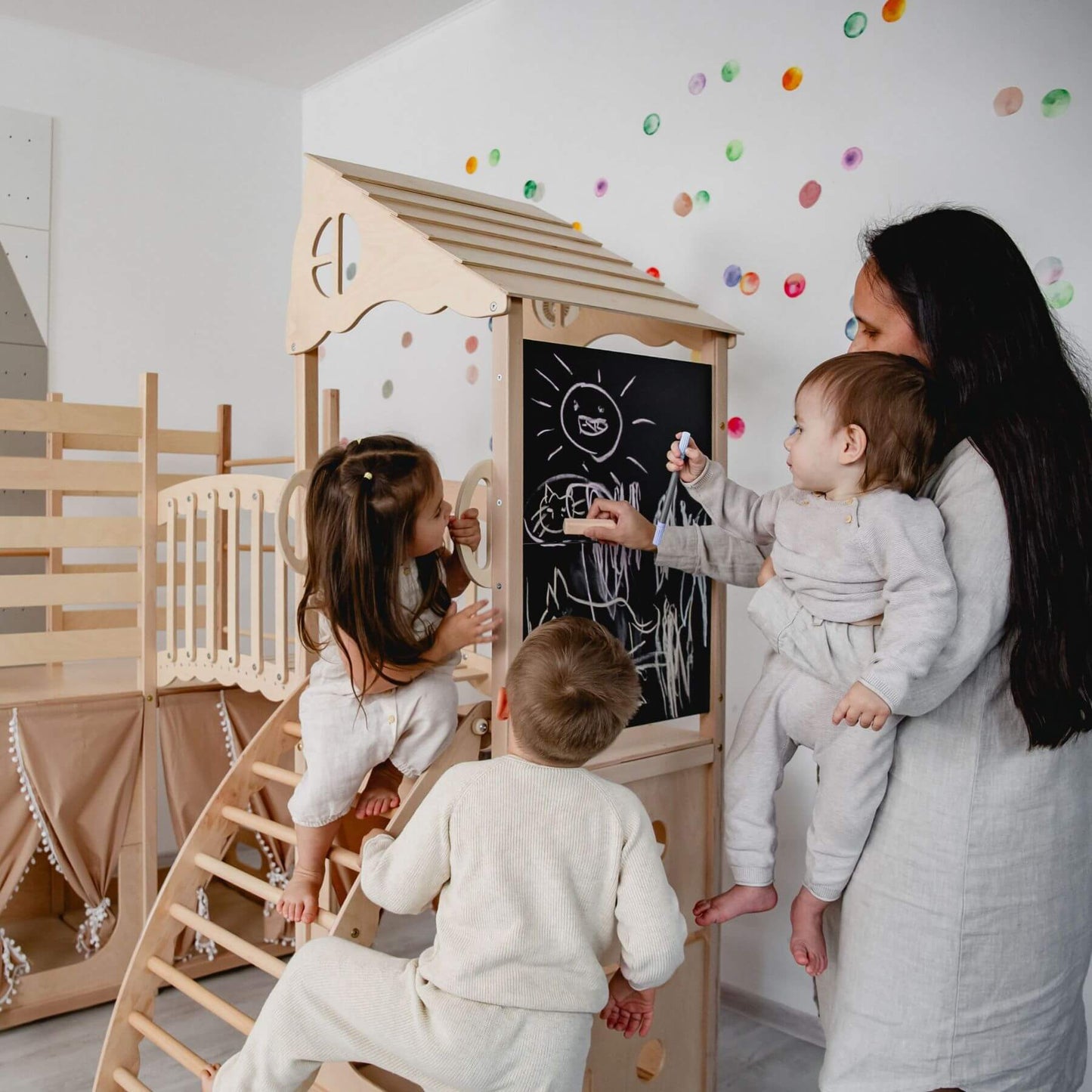 Mom and kids playing with Wood and Hearts Large Playground Climber - Natural