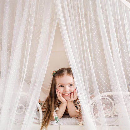Girl Looking from inside of Tiny Land® Large Space Play House with Star Lights