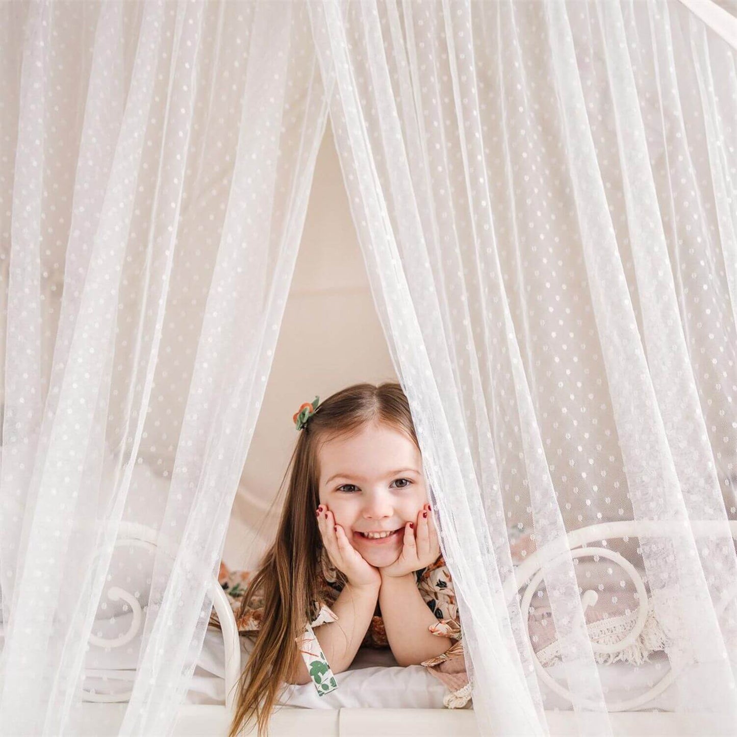 Girl Looking from inside of Tiny Land® Large Space Play House with Star Lights