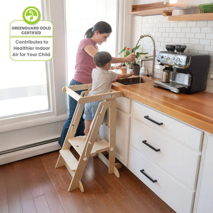 Boy Standing on Little Partners Learn 'N Fold Learning Tower Natural, Washing Hands with the help from Mom