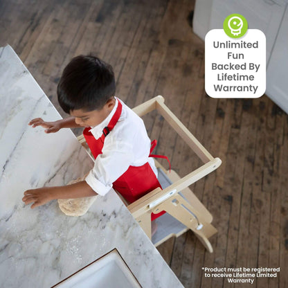 Boy Standing on Little Partners Learn 'N Fold Learning Tower Natural, Pretend Cook