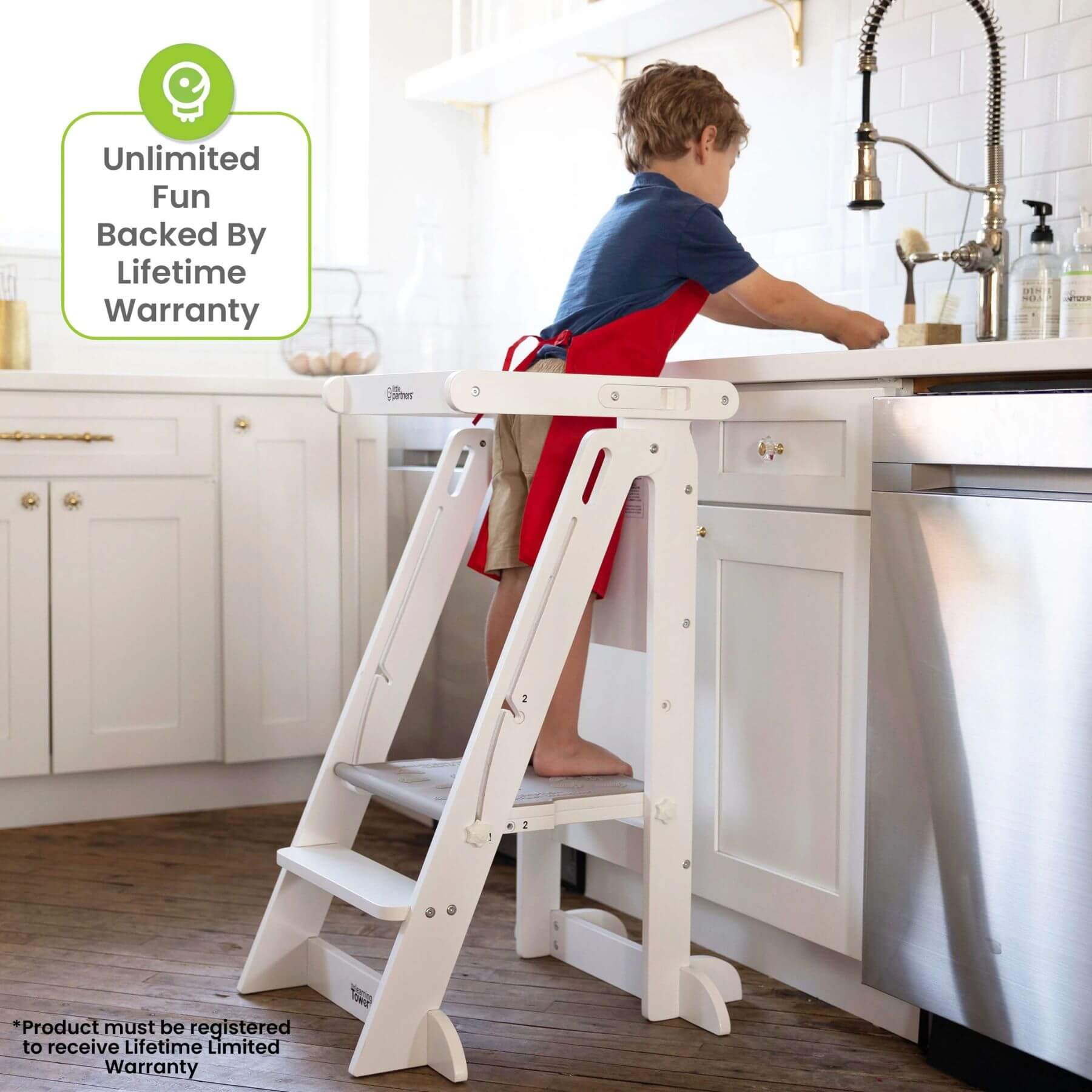 Boy Standing on Little Partners Learn 'N Fold Learning Tower White, Washing Hands