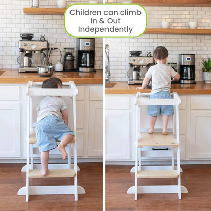 Boy Standing on Little Partners Learn 'N Fold Learning Tower Natural & White