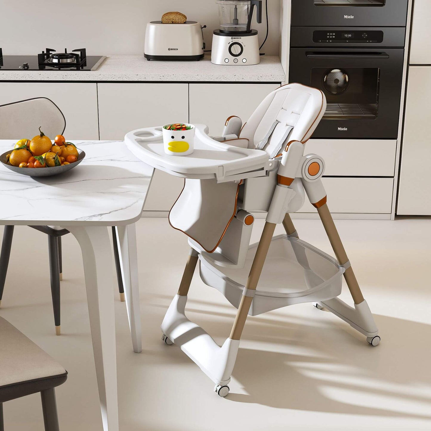 Leavader Adjustable Baby High Chair White in a kitchen setting with a dining table and appliances.