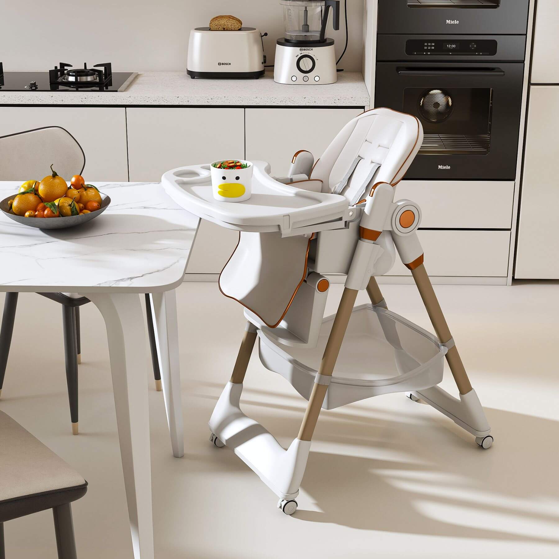 Leavader Adjustable Baby High Chair White in a kitchen setting with a dining table and appliances.