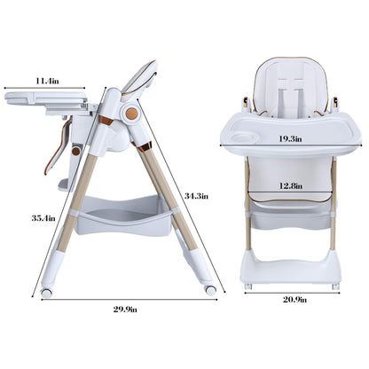 Leavader Adjustable Baby High Chair White with dimensions labeled on a white background