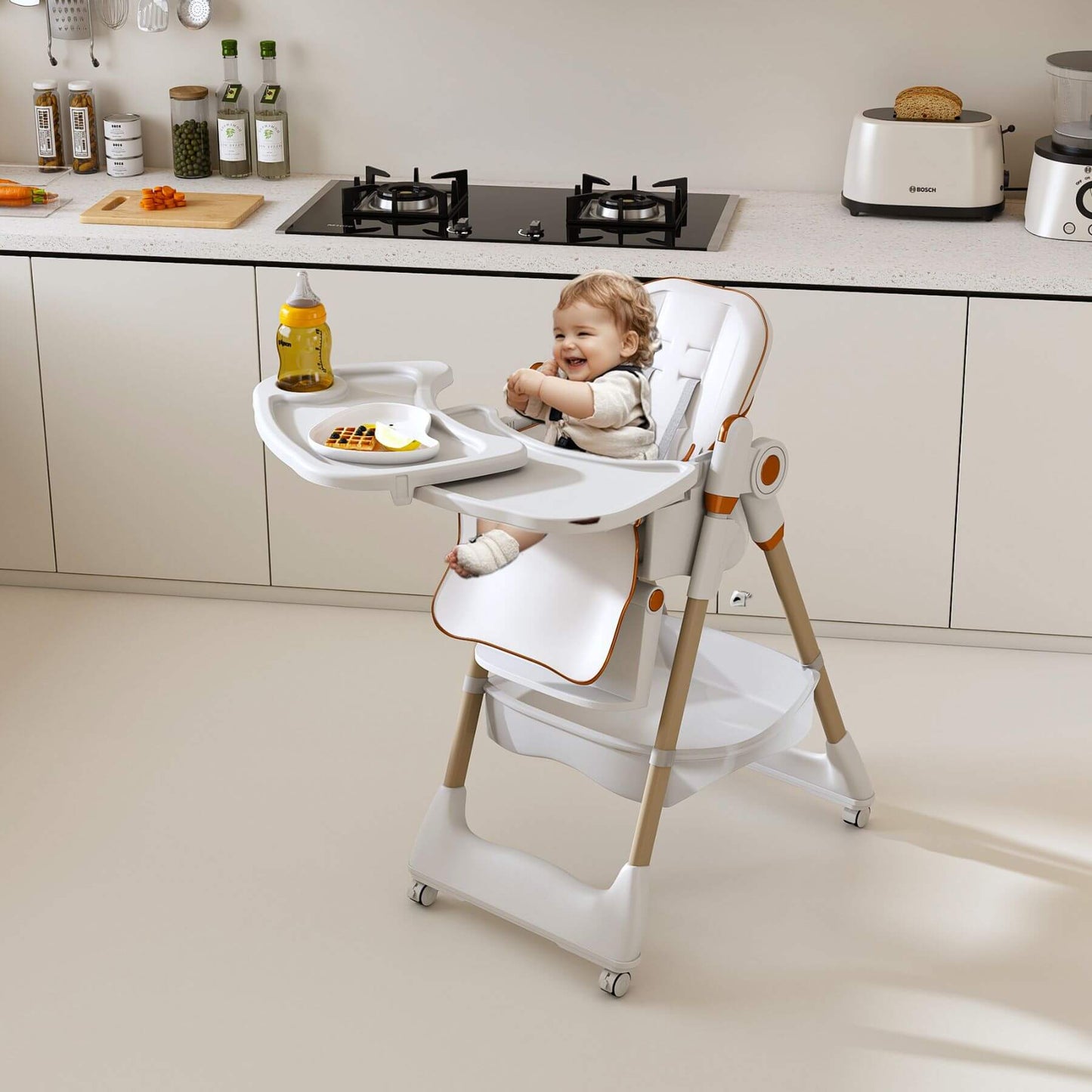 Child in Leavader Adjustable Baby High Chair White in a kitchen setting