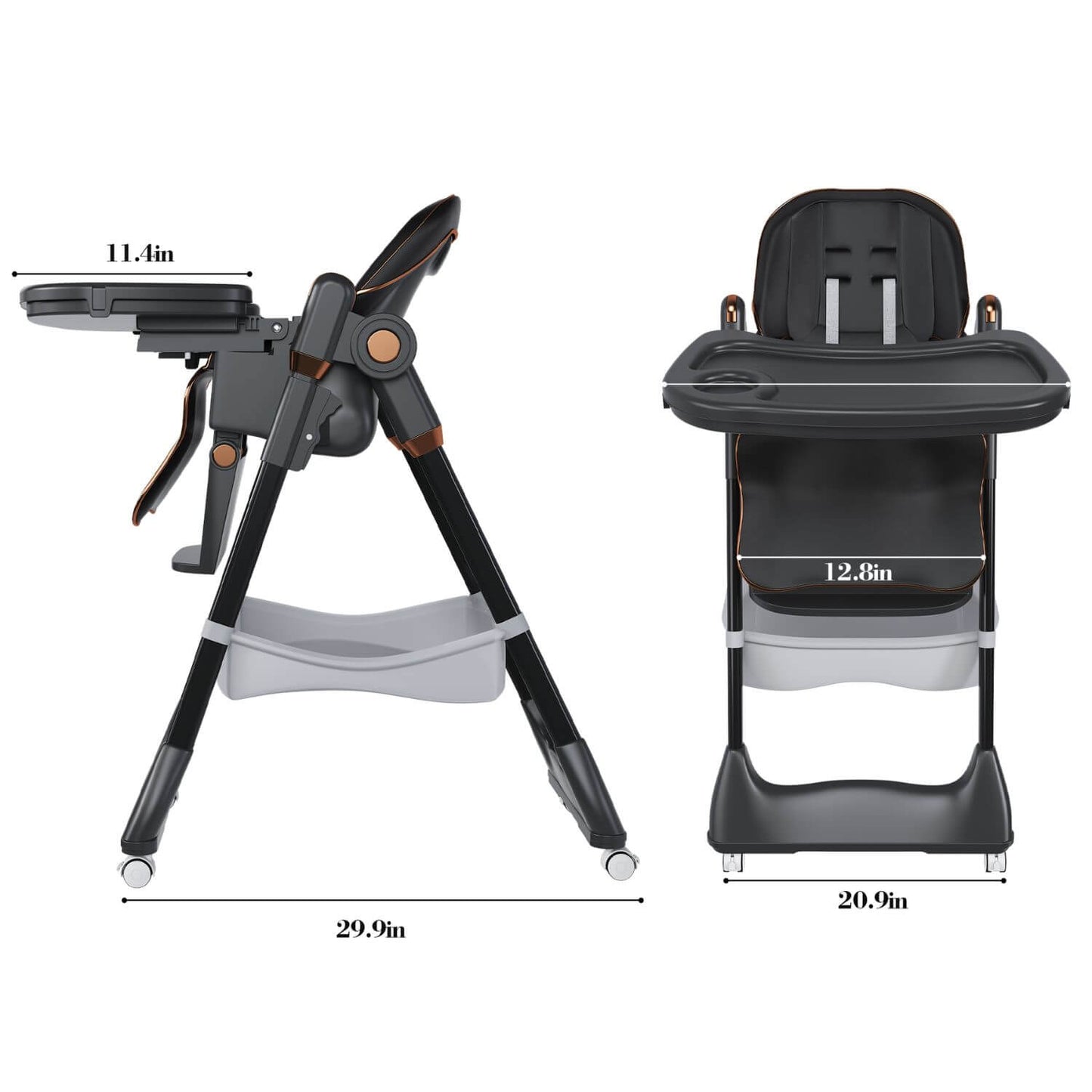 Leavader Adjustable Baby High Chair Black with stand and dimensions on a white background
